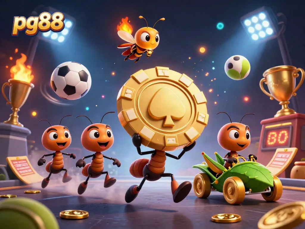 Experience the thrilling heist at pg88 as ants transport a giant golden poker chip amidst dynamic betting elements.