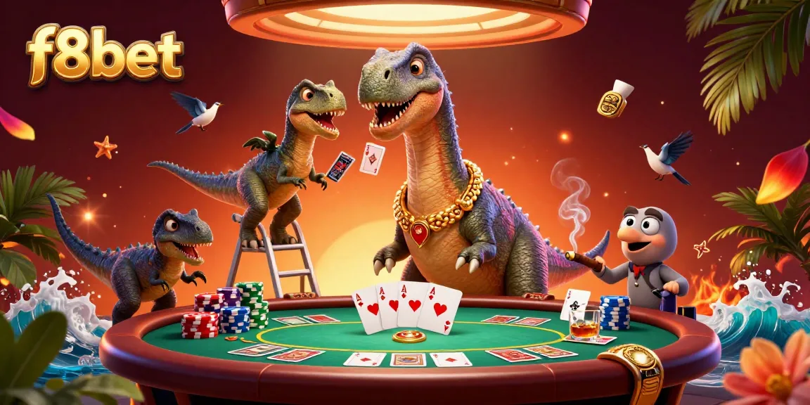 Experience thrilling card dealing at f8bet with dinosaurs in this colorful casino scene.