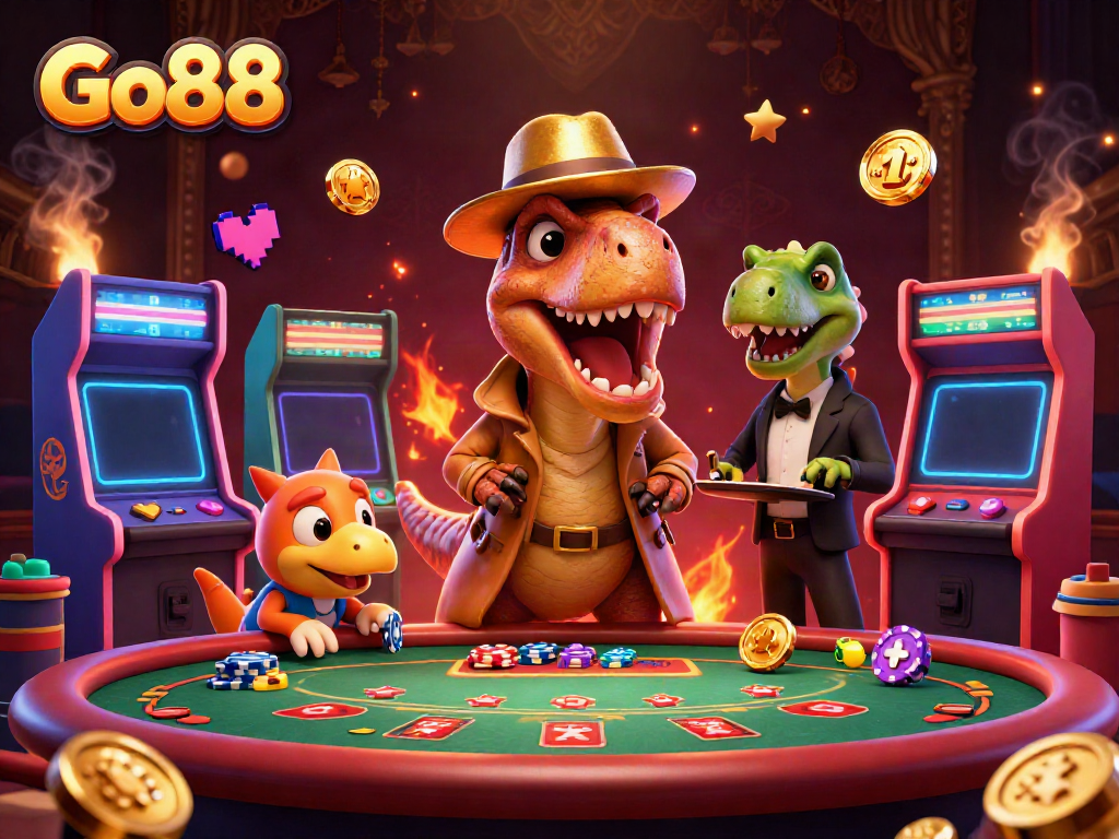 Experience Go88 with a velociraptor card counter and dinosaur pit boss in a lively casino scene.