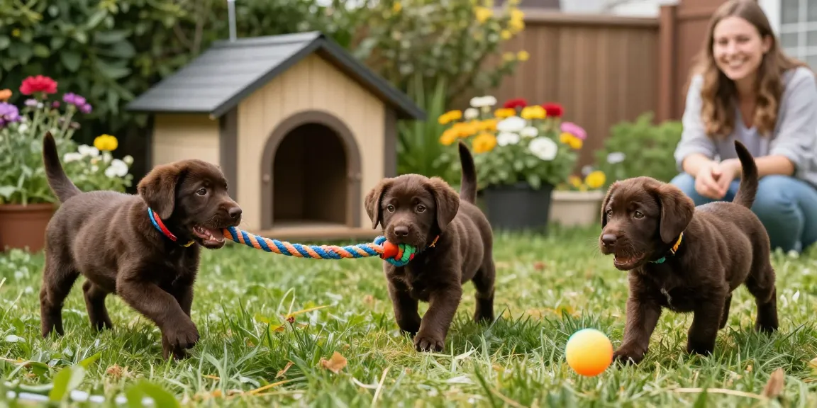 Chocolate labrador retriever puppies playing in a sunny backyard, showcasing their playful nature and vibrant energy.