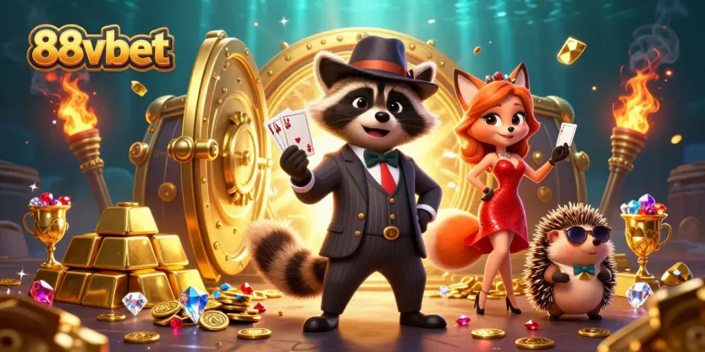 Engage with thrilling games at 88vbet featuring a suave raccoon, stylish fox, and bouncer in a vibrant casino