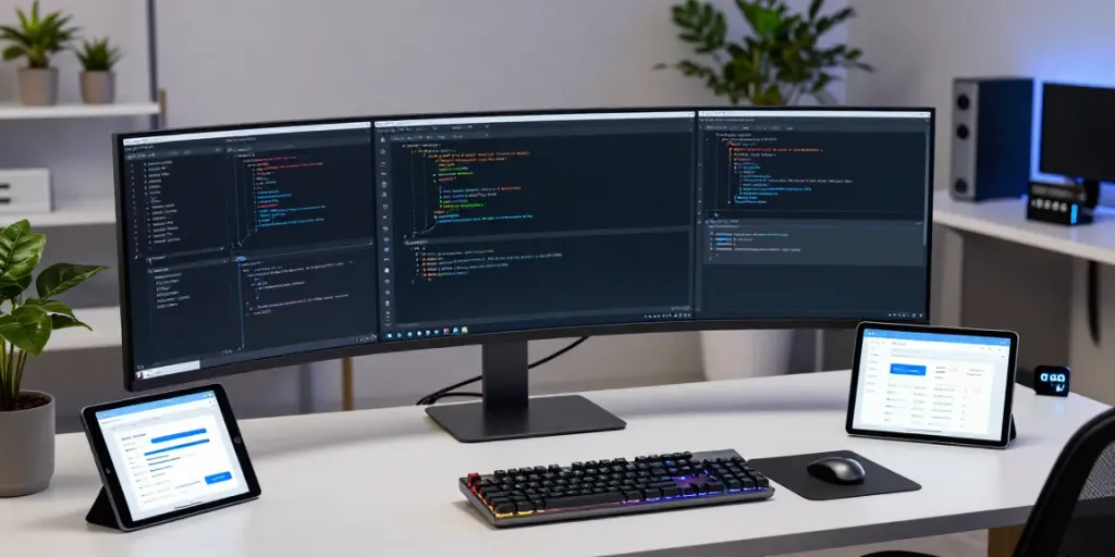 cheap .co.uk domains registration workspace featuring a high-tech setup for developers and domain services analysis.
