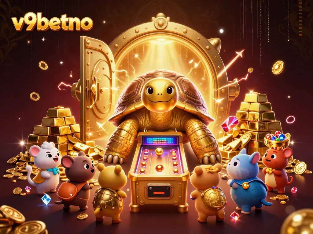 Experience the excitement at v9betno with a vibrant casino-themed scene showcasing a golden tortoise pinball machine.