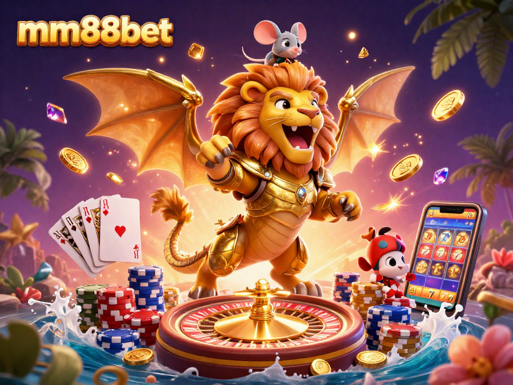 Experience thrilling wins at mm88bet with a roaring chimera creature and flickering casino elements.