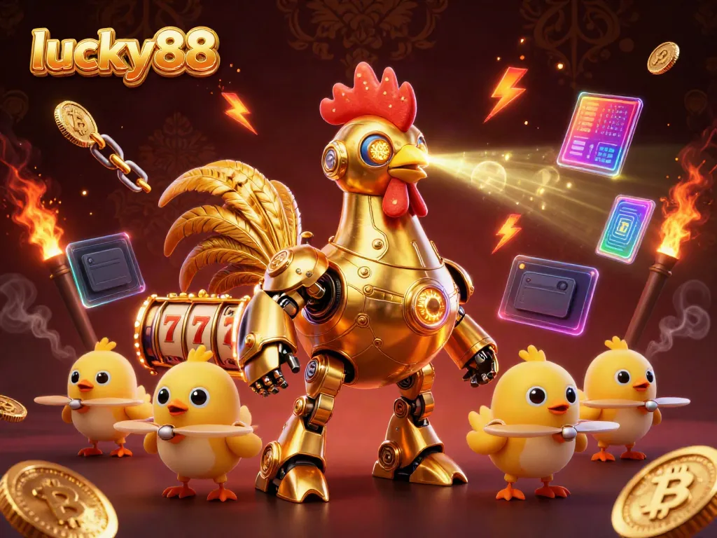Engage with the thrilling world of lucky88 featuring a golden rooster robot and cryptocurrency elements.
