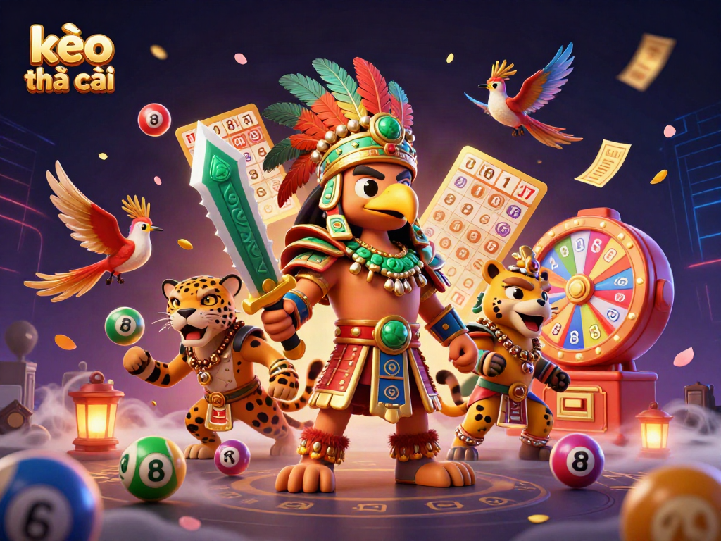 Engage with kèo nhà cái in an energetic 3D depiction featuring Aztec warriors and elements of gambling