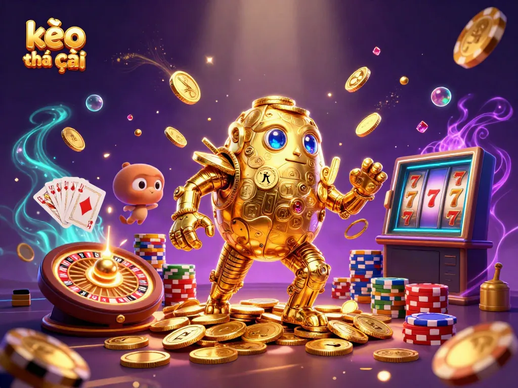 Experience the excitement of kèo nhà cái with golden golem and casino elements in vibrant 3D.