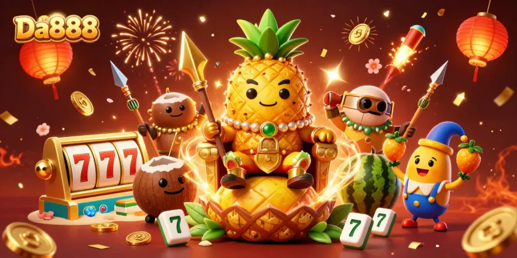 Experience the thrill of Da888 gaming with the majestic pineapple king amidst cascading slot reels.