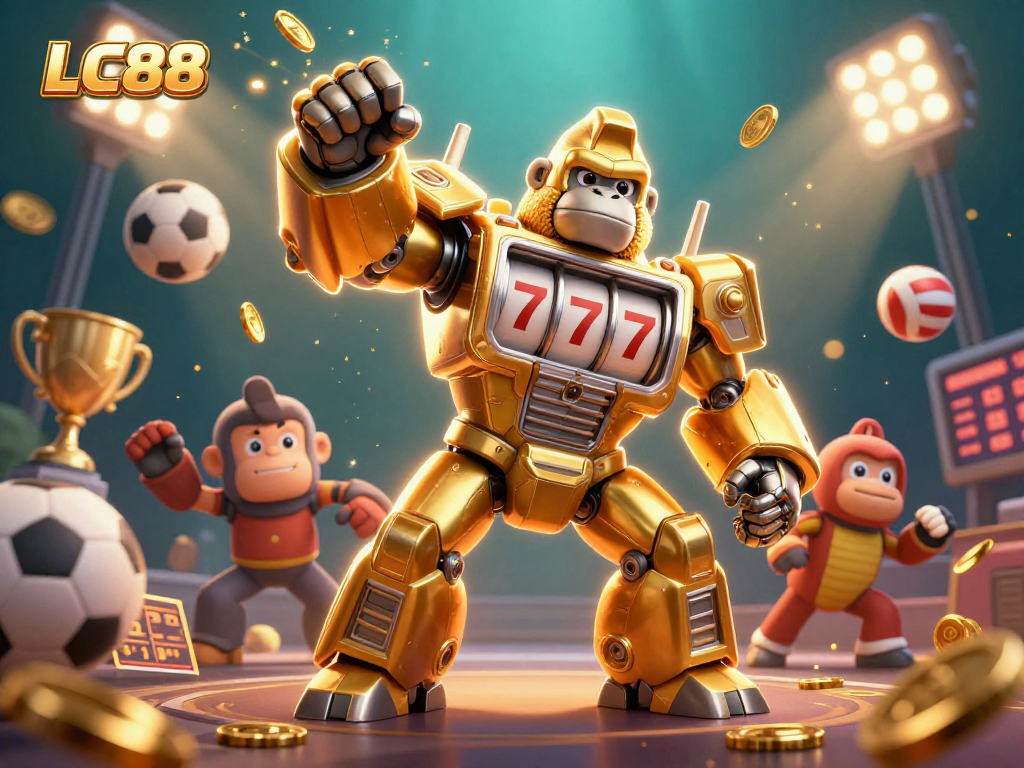 Experience the excitement of LC88's dynamic gaming scene with a golden gorilla mech and sports elements