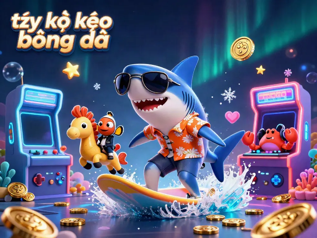 Experience the excitement of tỷ lệ kèo bóng đá with a playful 3D shark surfing on gold coins.