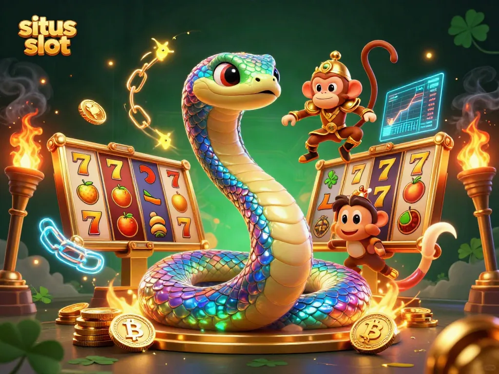 Play exciting situs slot games with dynamic reels and magical elements in this vibrant illustration.