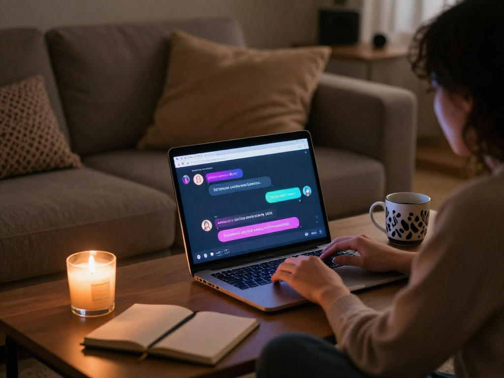 Engaging in nsfw ai chat on a laptop in a cozy setting.