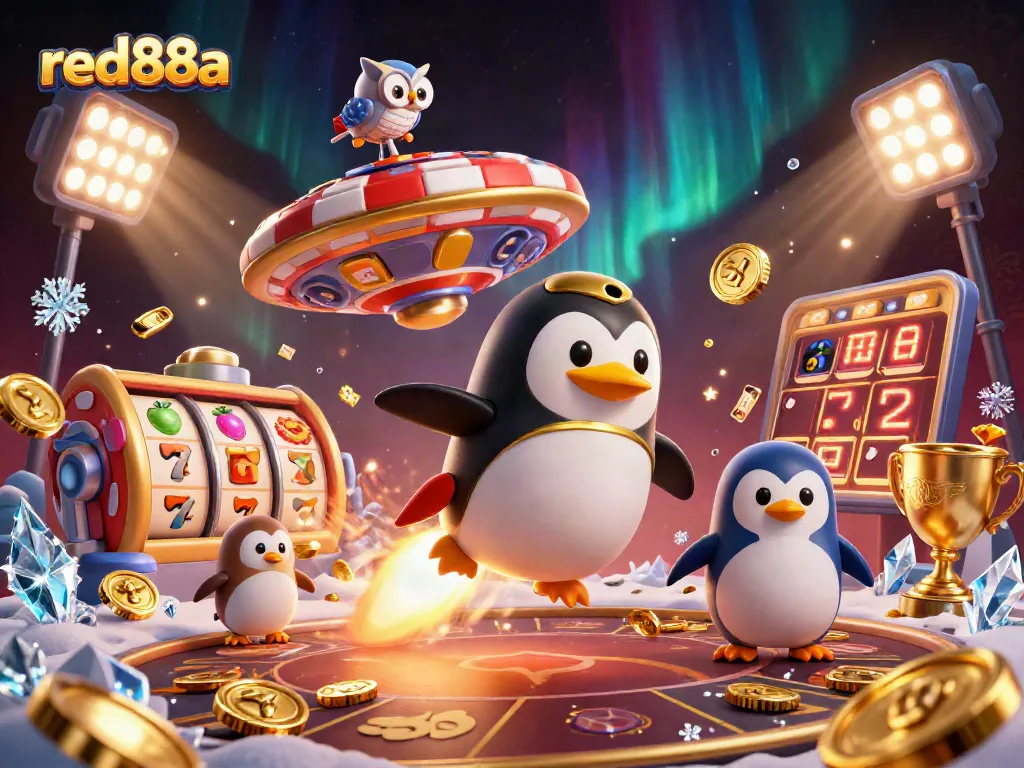 Experience red88a with a dynamic golden penguin and casino elements in a captivating space scene.