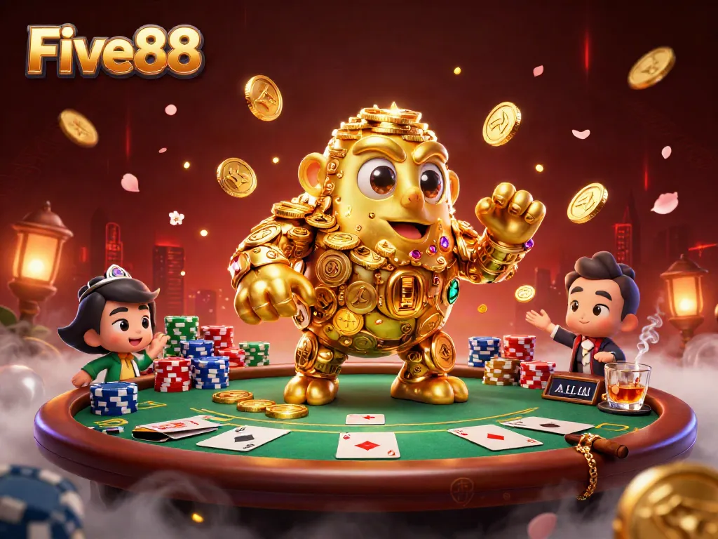Experience the excitement of Five88 with dynamic casino action featuring a golden golem amidst poker elements.
