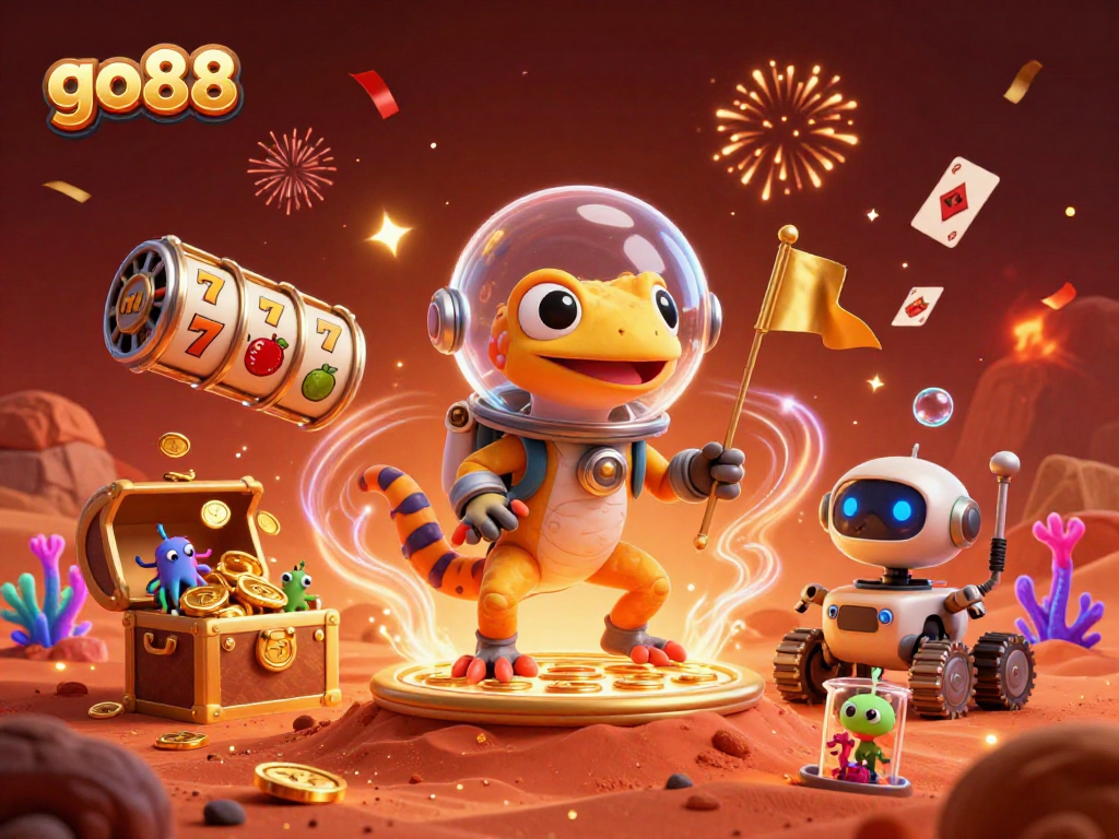 Experience the excitement of go88 with a Martian gecko discovering a golden casino surrounded by dazzling elements.