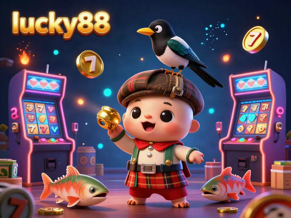 Experience excitement with lucky88's cartoon scene of Nessie, a gold magpie, and slot elements.