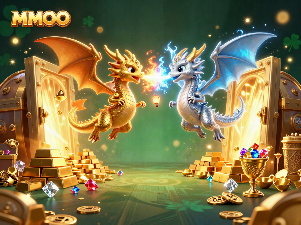 MMOO showcases captivating dragons amidst a treasure-filled casino scene bursting with action.