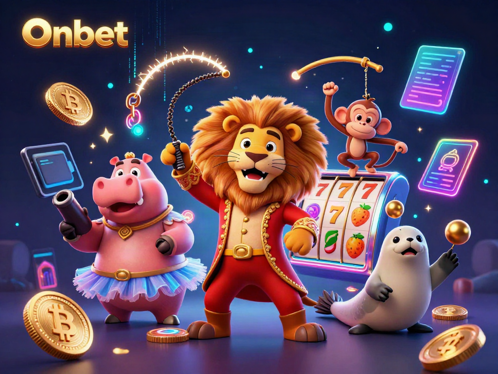 Spin the reels for big wins with Onbet's vibrant casino-themed 3D illustration featuring captivating characters.
