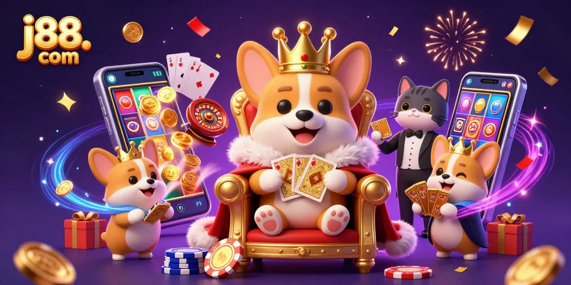 Experience excitement with j88. com as corgis and a cat butler present casino treasures and gaming action.