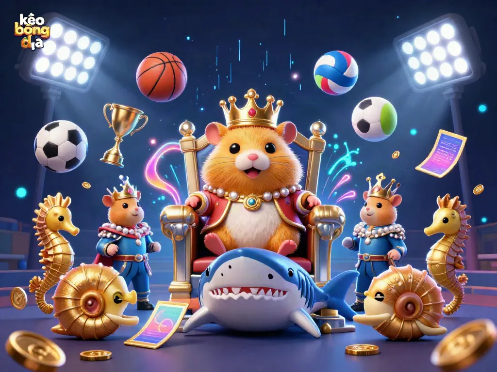 Experience the action of kèo bóng đá with this vibrant illustration showcasing sports betting elements and a hamster king.