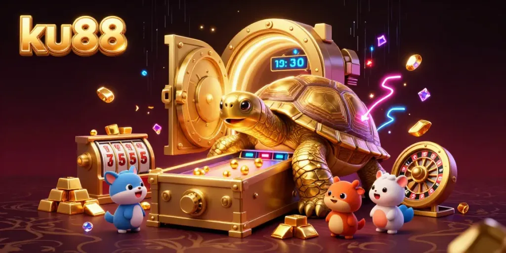 Engage in the thrilling world of ku88 with a vibrant illustration depicting a lively casino scene featuring a tortoise pinball machine.