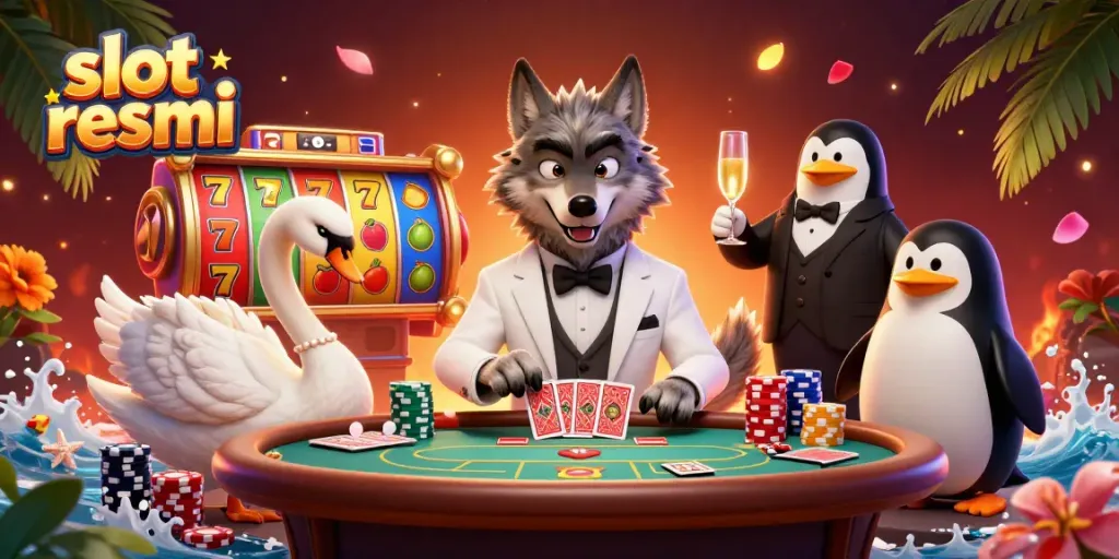 Engaging scene with the keyword slot resmi where a debonair wolf and friends celebrate at a vibrant slot machine backdrop.