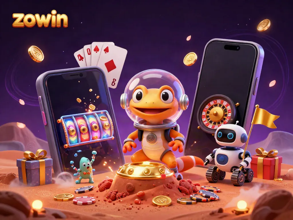 Immerse in the vibrant world of zowin where a Martian gecko uncovers a golden casino amidst playful alien characters.