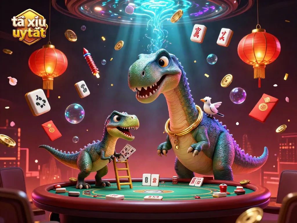 Experience the vibrant action of tài xỉu uy tín with a playful dinosaur theme in an engaging casino scene.