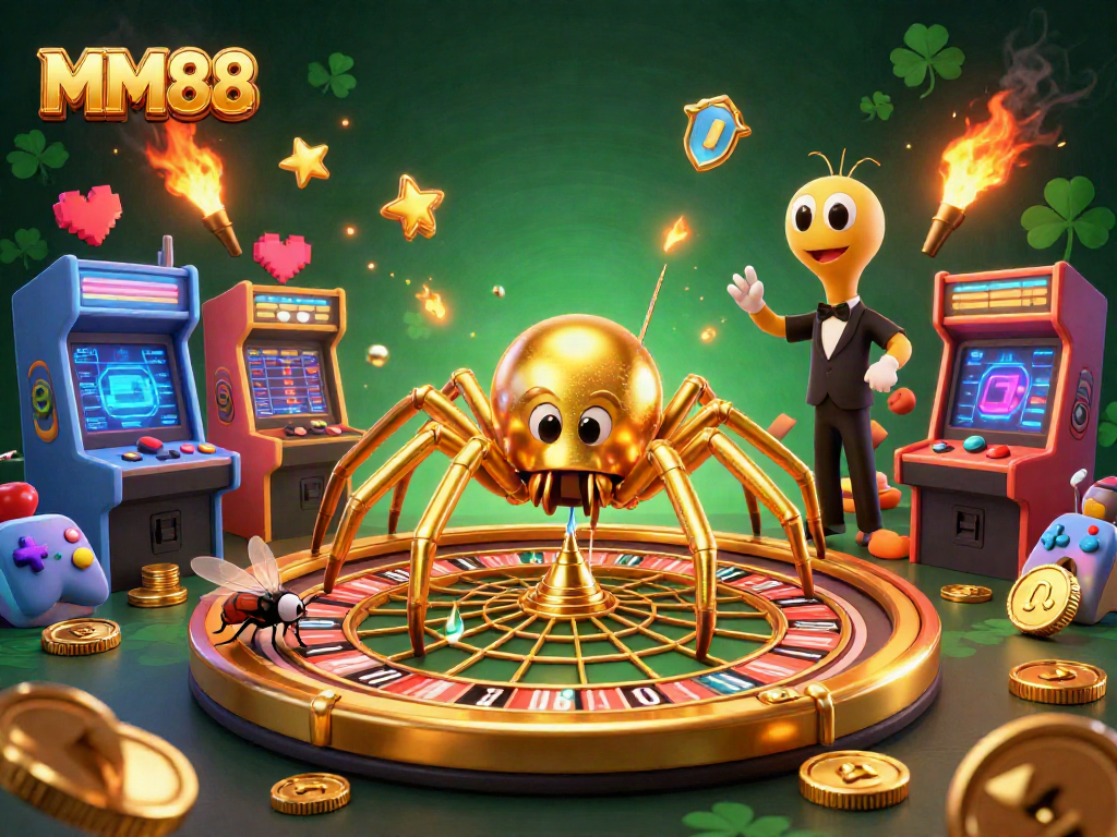 Place your bets with MM88 in this vibrant casino-themed illustration.