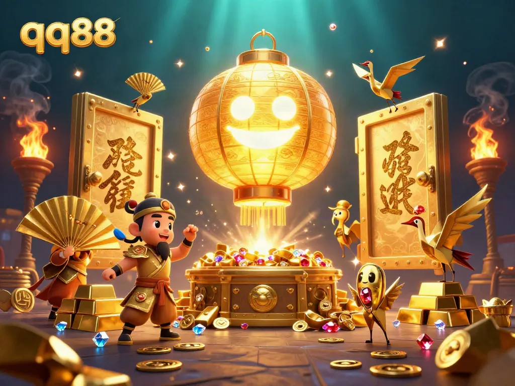 Engage with the exciting world of qq88, featuring a 3D lantern spirit amidst gold treasures and casino elements.