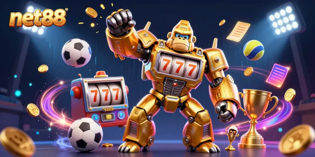 Experience thrilling gameplay with net88's unique golden gorilla mech amidst sports betting excitement.