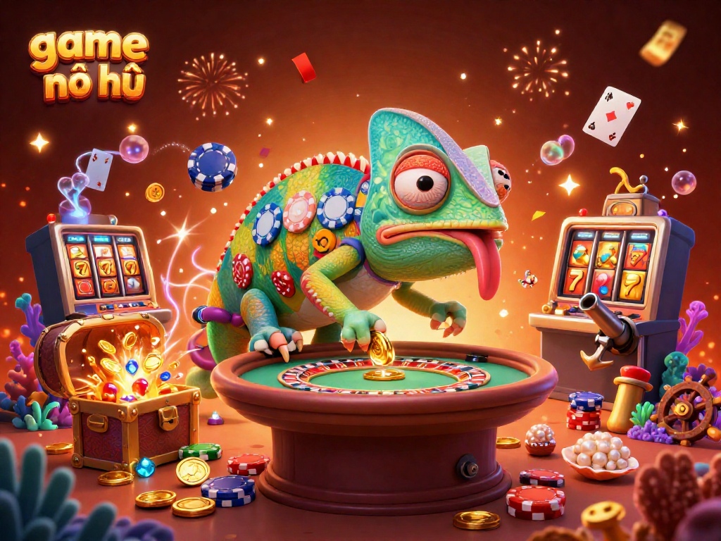 Engaging illustration of game nổ hũ with a chameleon casino owner amid slot machines and gold coins.
