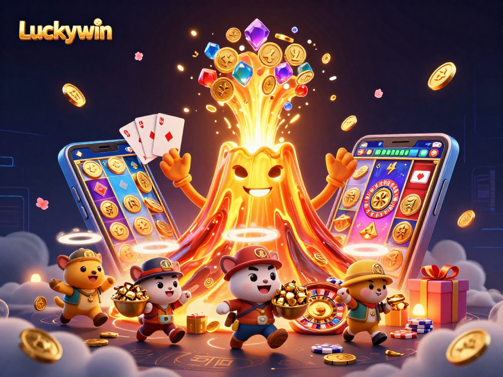 Luckywin delights players with vibrant golden volcano and coins in an exciting casino adventure.