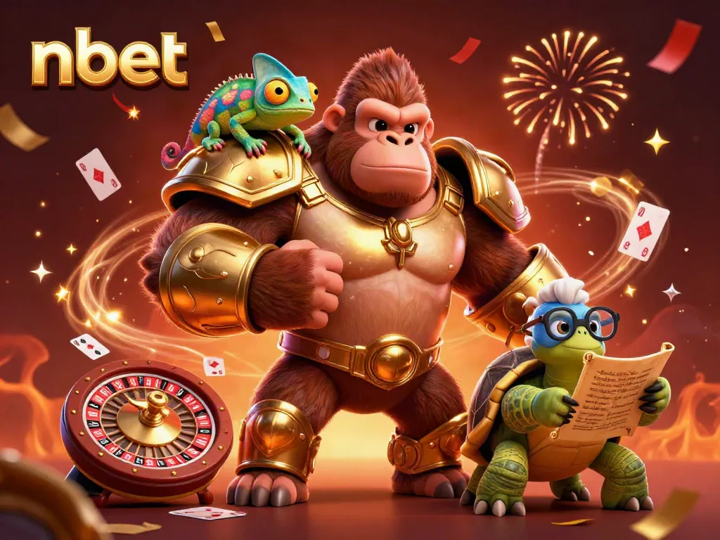Experience thrilling nbet action with a 3D gorilla king and dynamic sports elements in a vibrant casino scene.