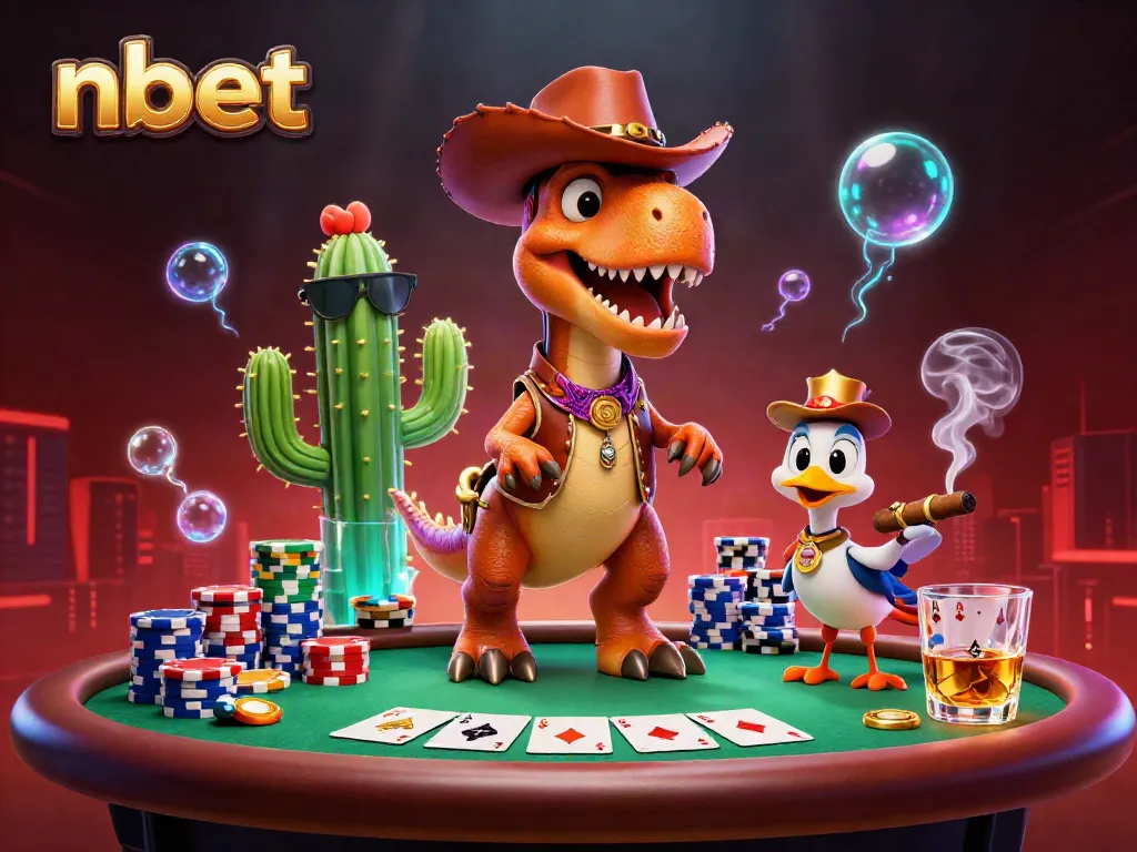 Engage in thrilling poker gameplay with nbet's vibrant 3D cowboy dinosaur scene featuring poker chips and cards.