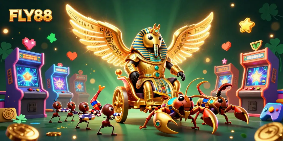 FLY88 and a colossal golden scarab beetle navigate an enchanting casino landscape of gems and vibrant game machines.