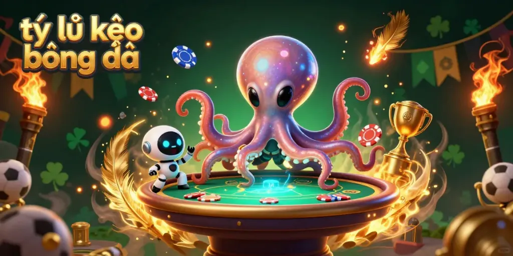Watch the exciting 3D scene of tỷ lệ kèo bóng đá featuring an alien octopus running a holographic poker table.