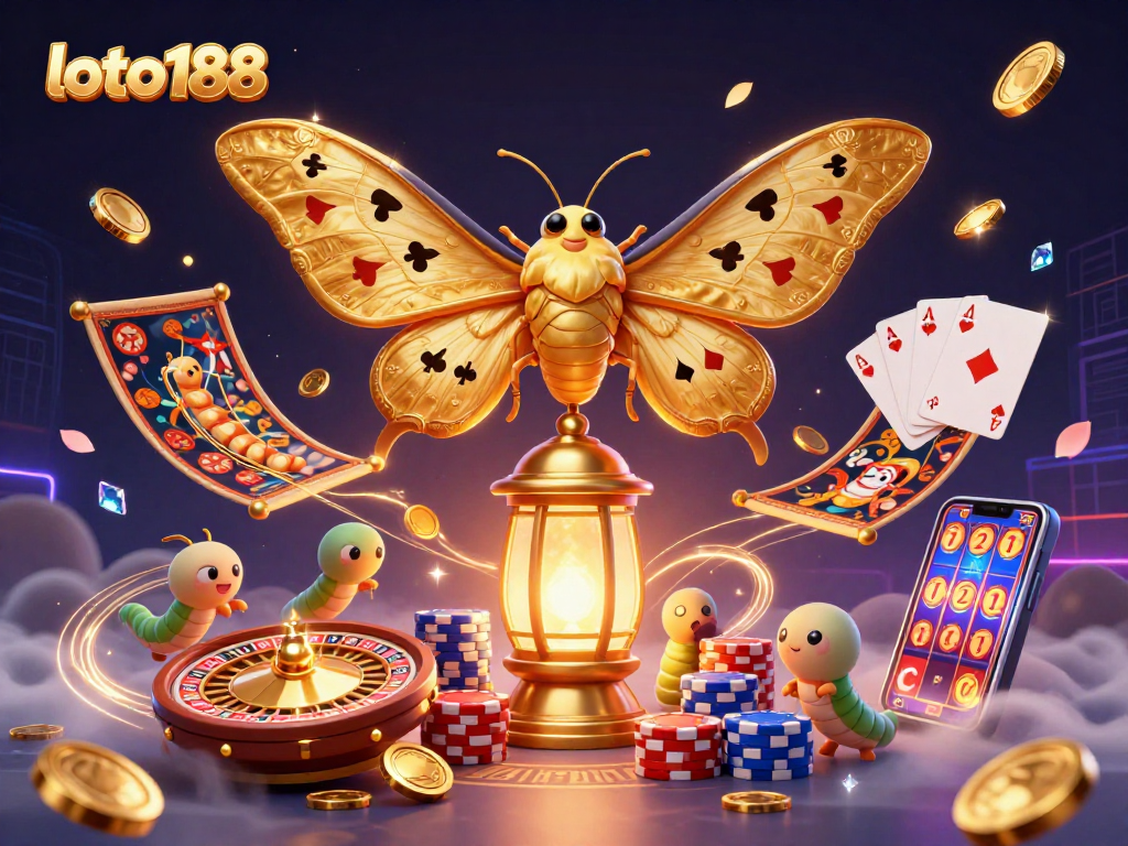 Engage with loto188 through vibrant casino-themed art featuring a moth and golden elements.