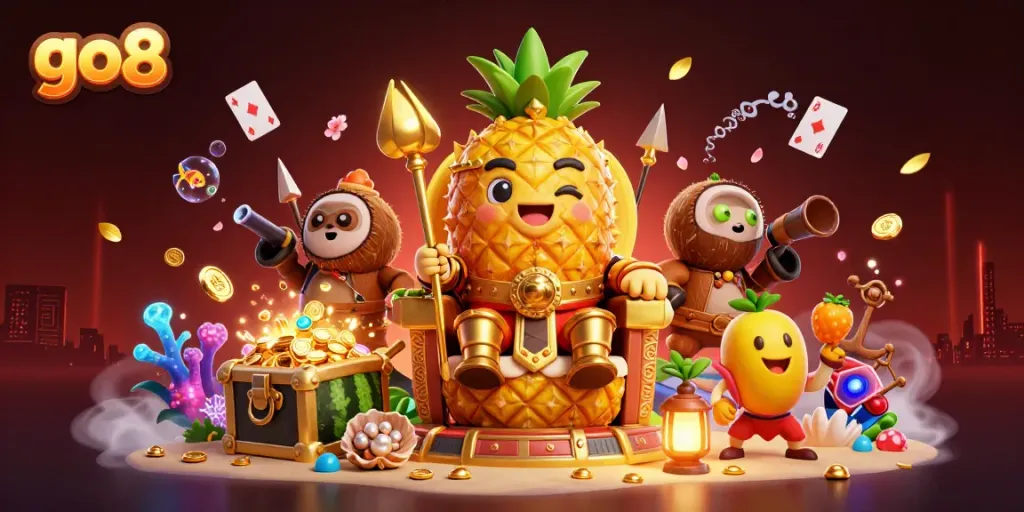 Engage with the vibrant go8 casino scene featuring a golden pineapple king and playful elements in a dynamic beach setting.