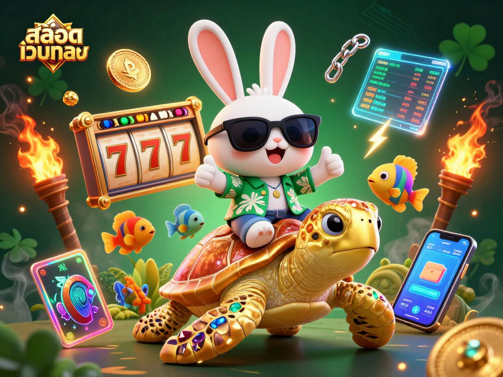 Engage with สล็อตเว็บตรง as you enjoy this vibrant 3D casino-themed illustration featuring a lucky rabbit and a golden turtle.