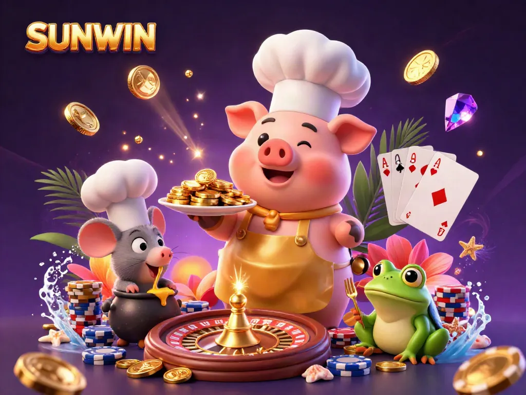 SUNWIN invites players to enjoy an exciting casino experience with a dynamic scene of characters and casino elements, showcasing lively action with gold coins and sparkling gems.