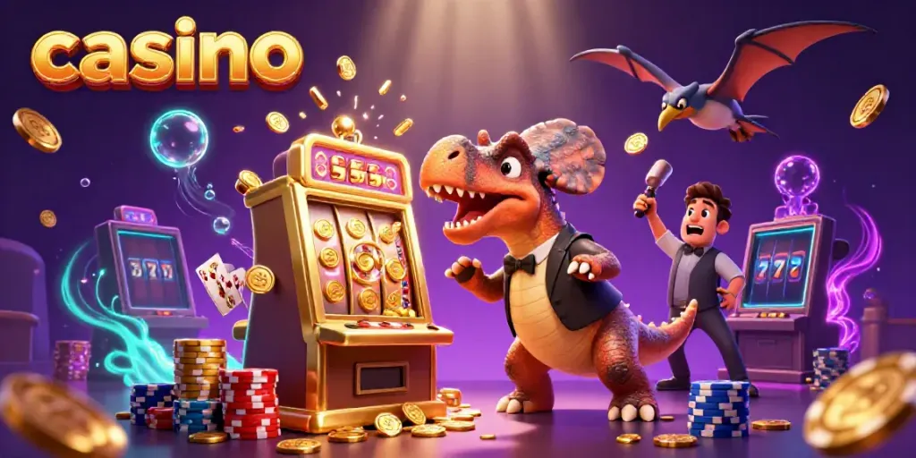 Casino scene with dinosaurs exploring slot machines and jackpot coins flying.