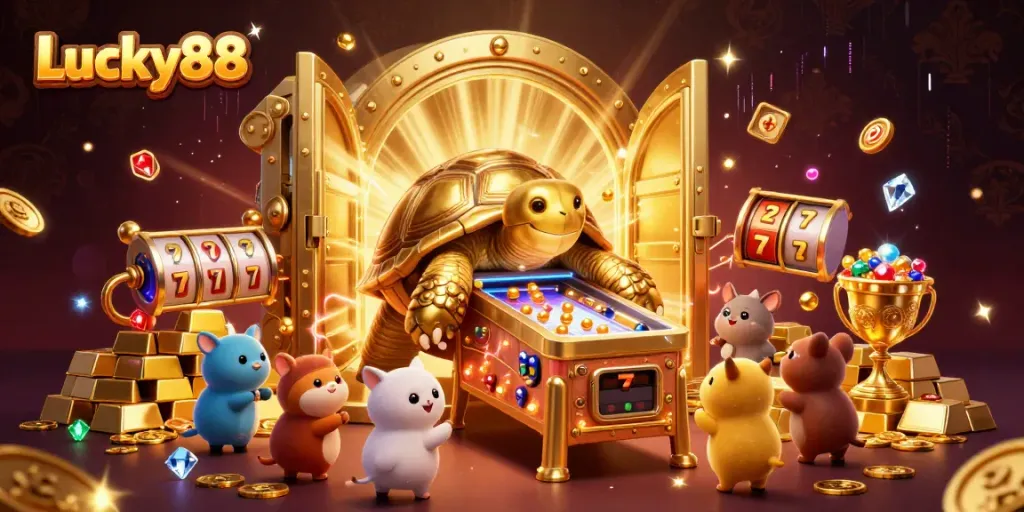 Experience thrilling gameplay at Lucky88 with a dynamic 3D casino scene bursting with gold and excitement.