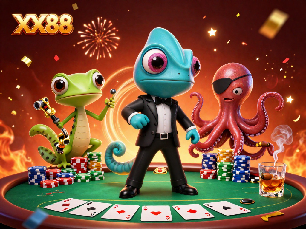 Experience thrilling moments at XX88 with a vibrant gaming atmosphere featuring a chameleon, gecko, and octopus.