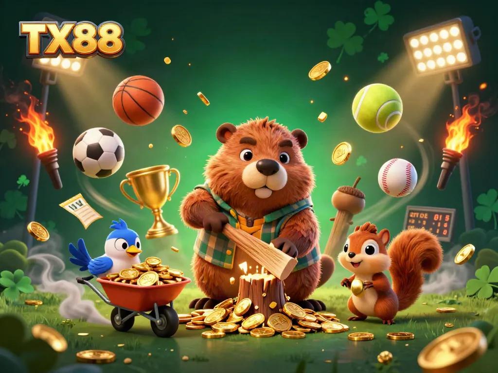 TX88 sports betting scene with a beaver, bird, and squirrel amidst falling gold coins