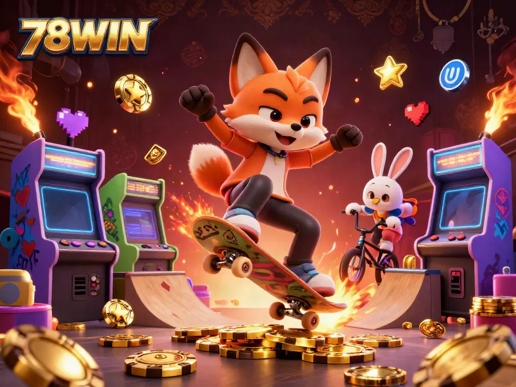 Engaging 3D depiction of 78WIN featuring a skateboarder fox and BMX rabbit amid dynamic casino-themed elements.