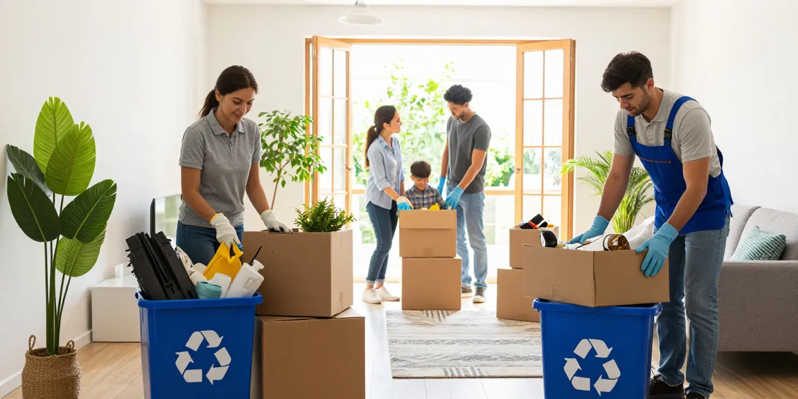 Efficient house clearance team sorting items in a bright living room.