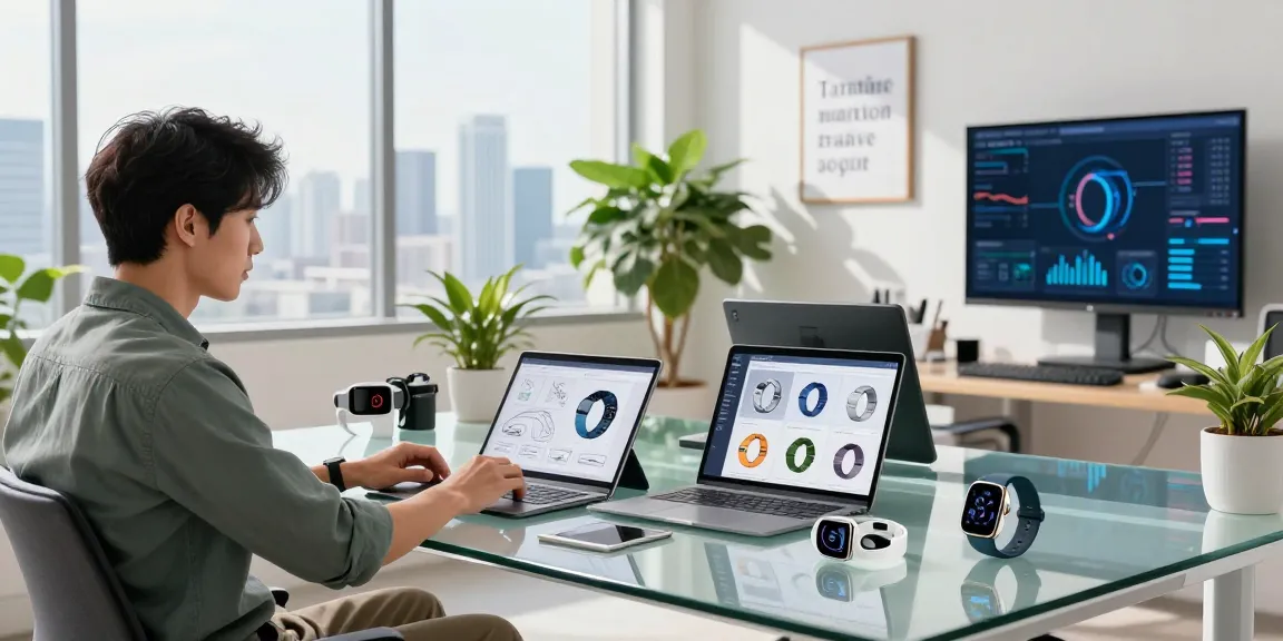 Product designer developing AI wearables in a modern workspace with smart devices and tech analytics.