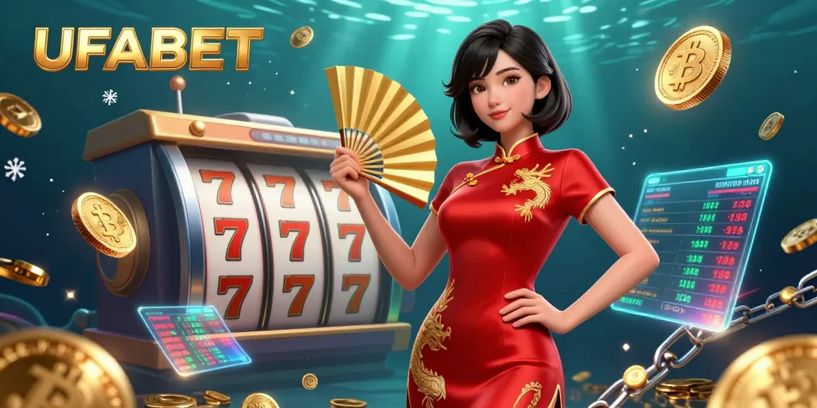 Spin and win with UFABET in this dynamic 3D casino scene showcasing slot reels and vibrant cryptocurrency elements.