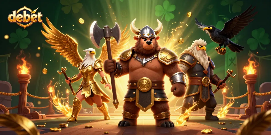 Engage with debet's dynamic gambling experience featuring a Viking berserker, Valkyrie eagle, and fierce gaming elements.
